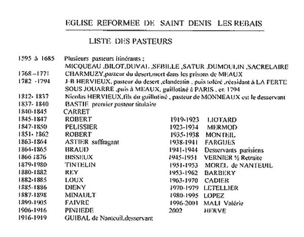 liste des pasteurs de Saint Denis les Rebais (77)